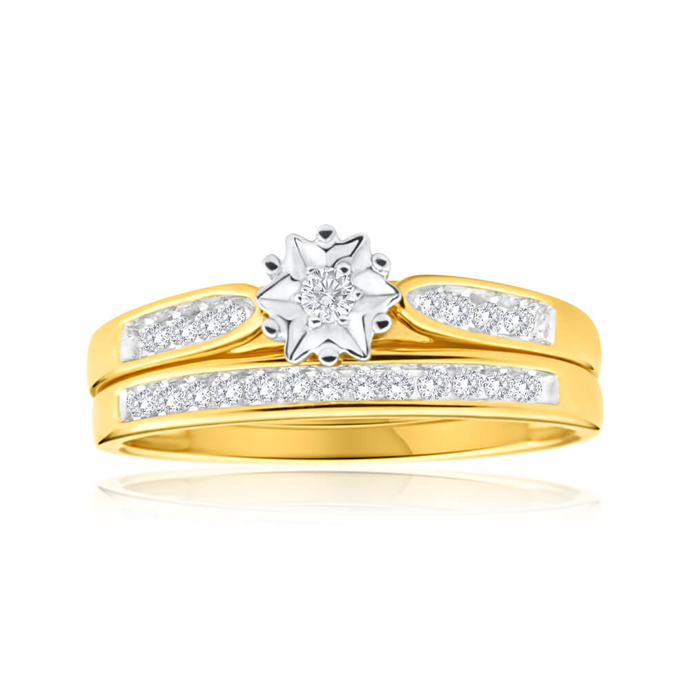 9ct Yellow Gold 2 Ring Bridal Set With 0.25 Carats Of Channel Set Diamonds