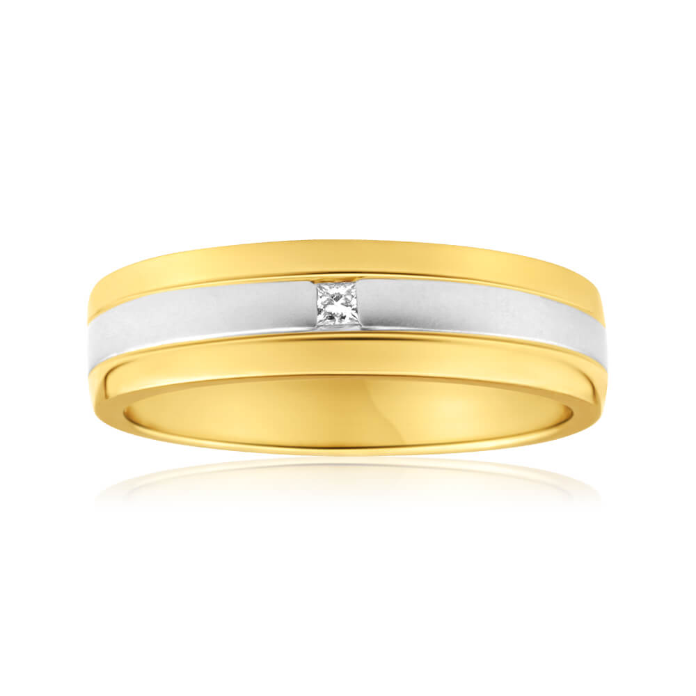 9ct Yellow Gold & White Gold Grooved Mens Diamond Ring